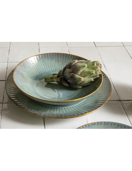 Plato Llano Tipo Coupe Redondo Azul Verde Gres Esmaltado Ø 21 Cm Lotus Accolade