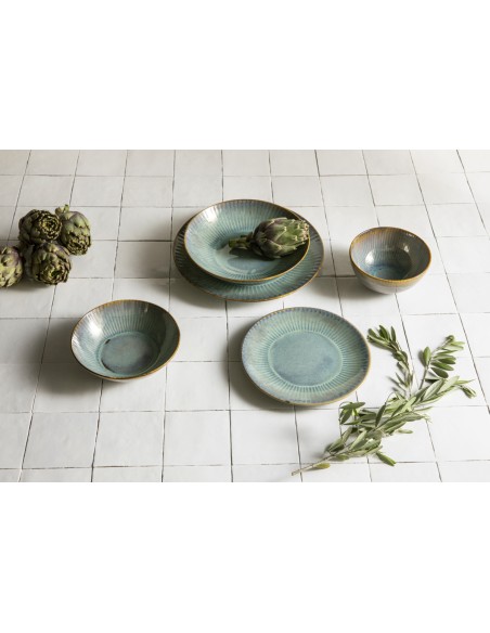 Plato Llano Tipo Coupe Redondo Azul Verde Gres Esmaltado Ø 21 Cm Lotus Accolade