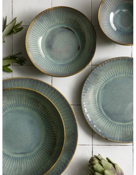 Plato Hondo Tipo Coupe Redondo Azul Verde Gres Esmaltado Ø 17 Cm Lotus Accolade